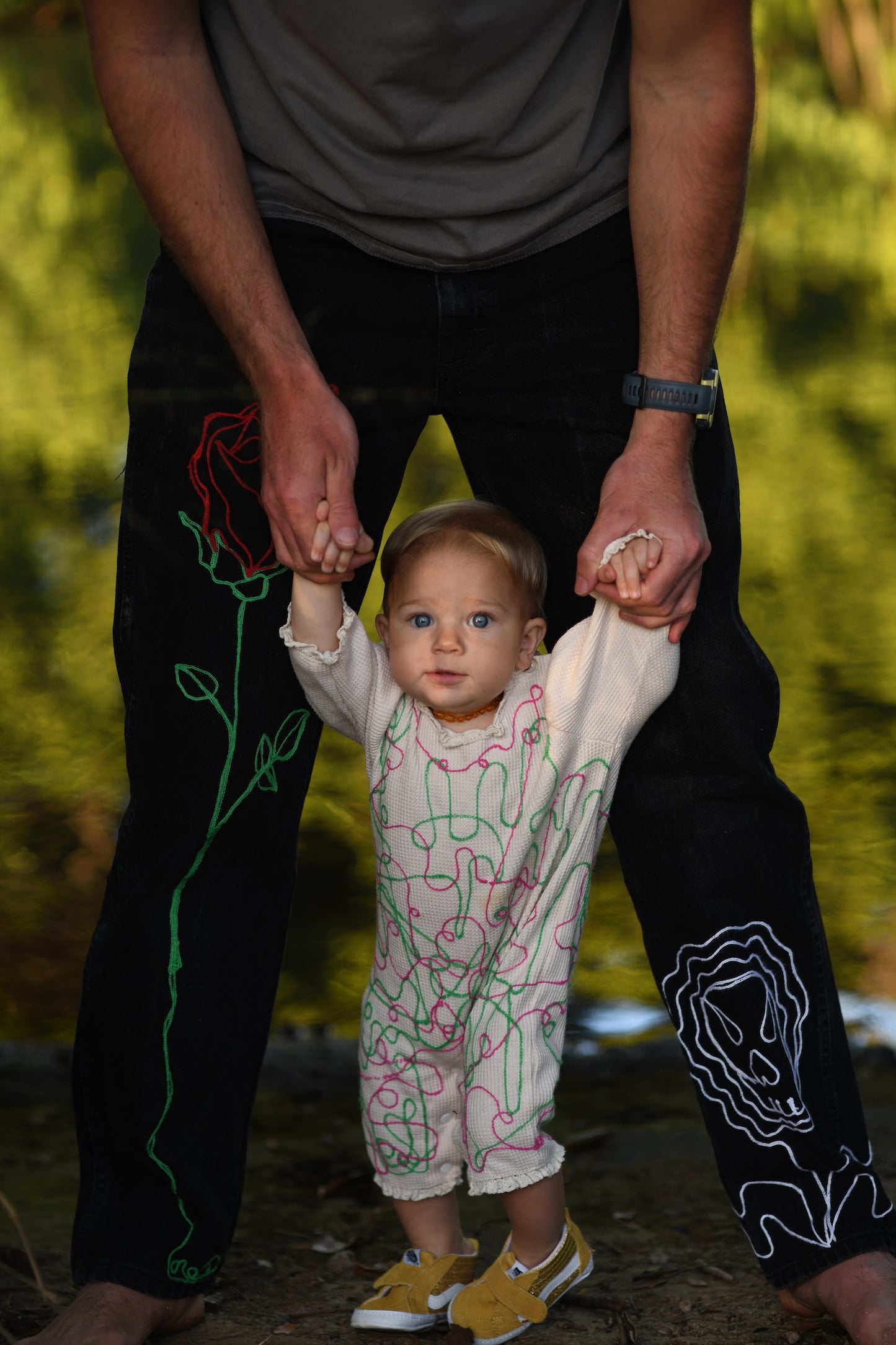 Chainstitched Rose & Skull Black Jeans