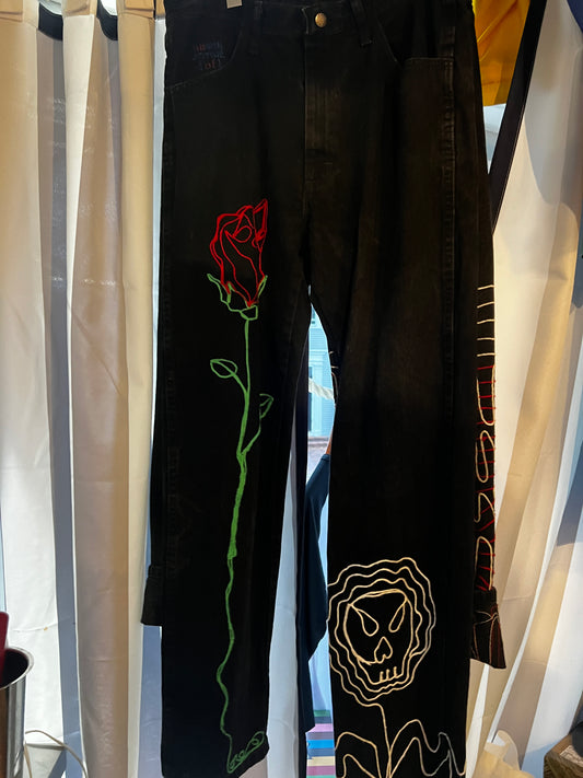 Chainstitched Rose & Skull Black Jeans